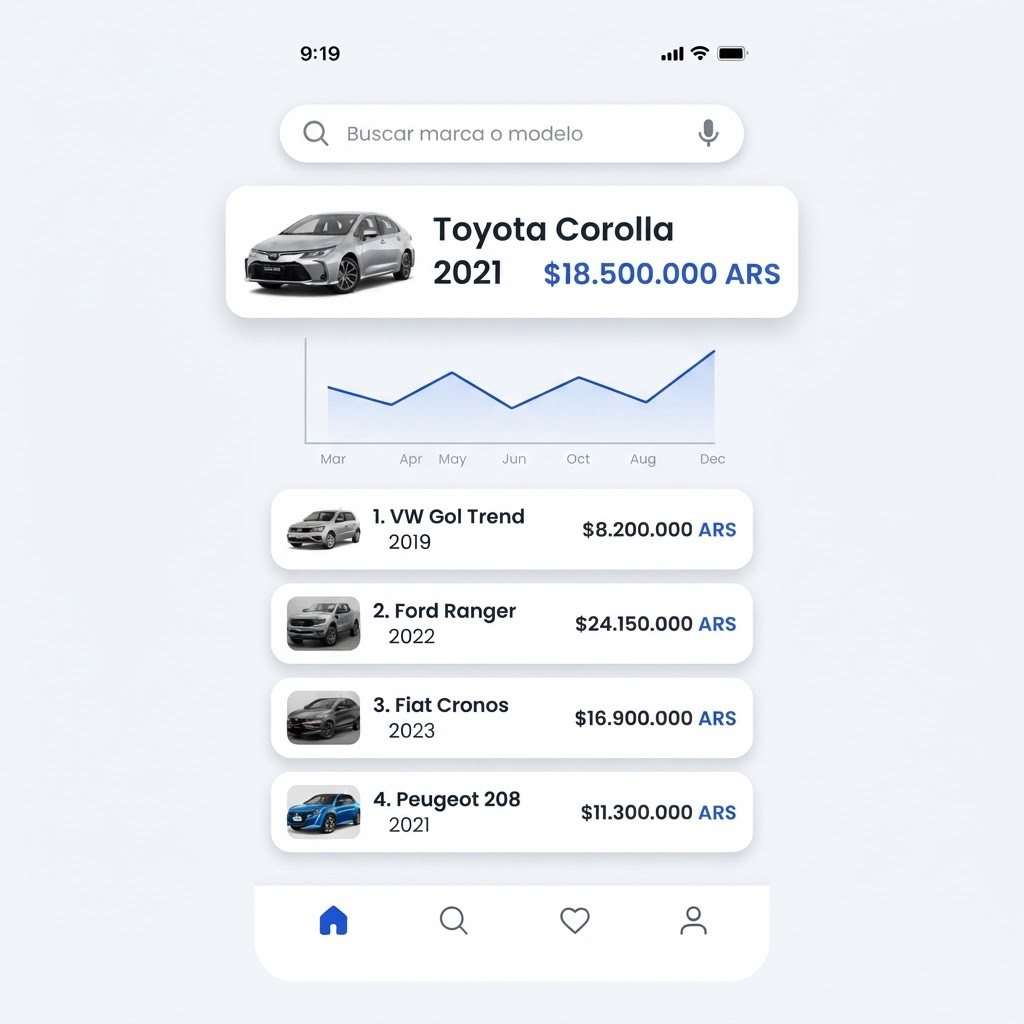 Pantalla de la aplicación PreciAutos mostrando la búsqueda y cotización de un Toyota Corolla